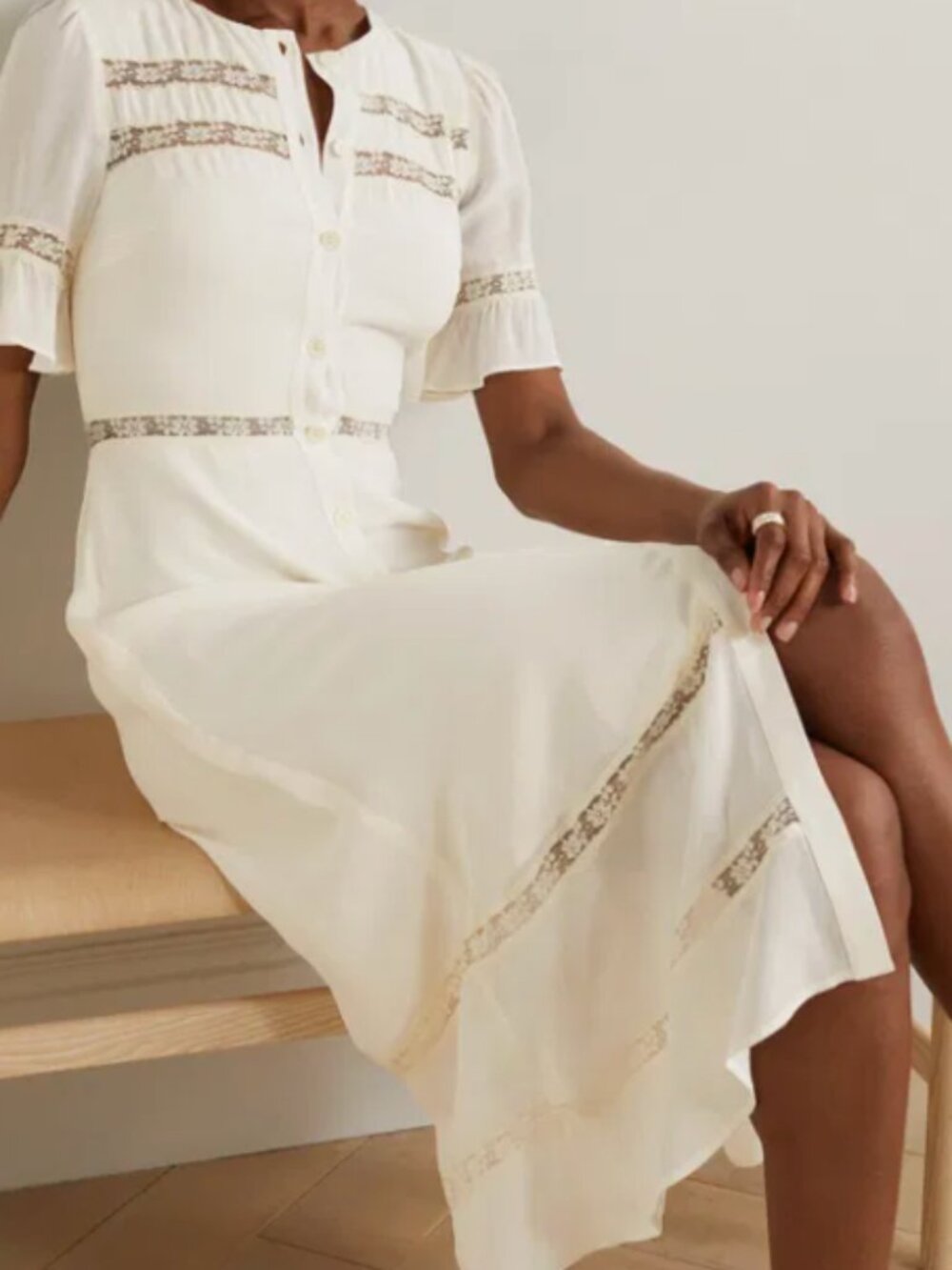 REFORMATION Woodson Lace-Trimmed Ruffled Midi Dress Ivory/White